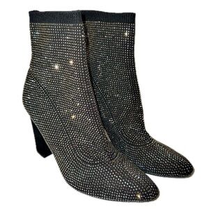 Black Stretch Pointed Toe Block Heel Rhinestone Booties, Sz 8M